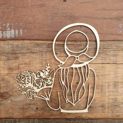 Carton bois Femme chapeau bouquet